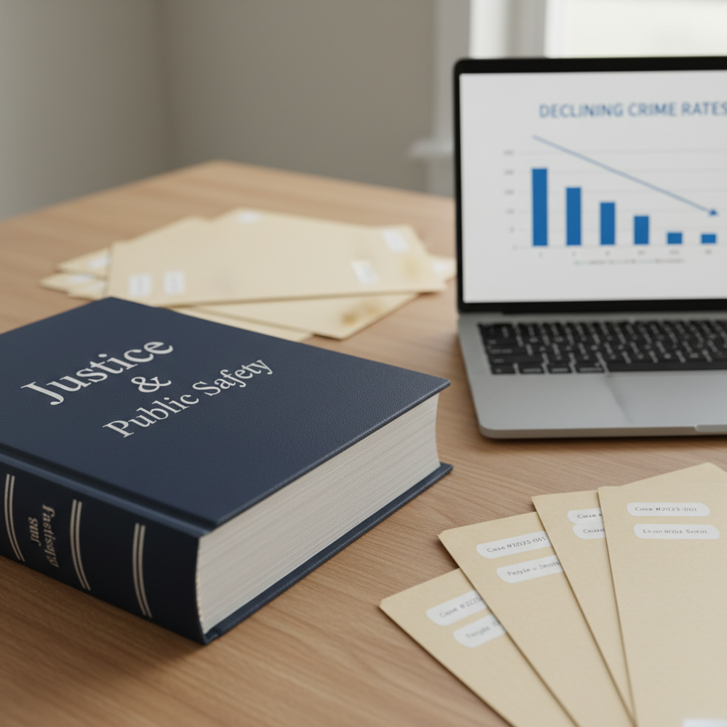 A close-up, photographic view of a sturdy, dark blue hardcover law book embossed with “Justice & Public Safety” in silver lettering, resting open on a smooth oak desk. Around it, neatly organized case files labeled with neutral tags and a sleek, powered-on laptop display a simple bar graph of declining crime rates. Soft overhead office lighting combines with faint natural light from an unseen window, creating a balanced, professional glow. The composition uses a shallow depth of field focusing sharply on the title text, with the background gently blurred to suggest diligent work. The mood is confident and data-driven, reinforcing themes of smart, fair justice and responsible reform for a county prosecutor campaign.