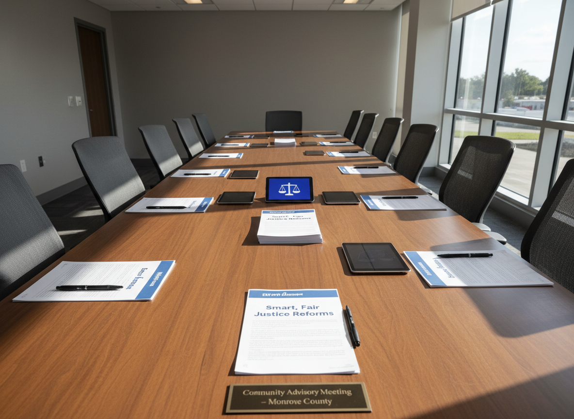 A dignified conference table in a modern municipal building, covered with neatly aligned legal pads, uncapped pens, a digital tablet displaying a balanced scales icon, and a printed agenda titled “Smart, Fair Justice Reforms.” At the far end of the table, a small plaque reads “Community Advisory Meeting – Monroe County.” Natural daylight pours in from large windows to the right, illuminating the textured wood surface and creating soft, directional shadows. The scene is framed from a slightly elevated angle, showcasing several empty chairs pulled neatly into position, inviting participation. The photographic style is clean and contemporary, with sharp focus throughout, evoking transparency, collaboration, and responsible reform in the prosecutor’s office without depicting any people.