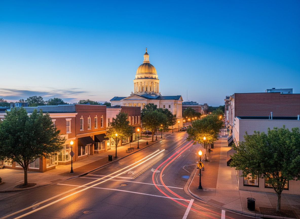 An evening cityscape of downtown Monroe County rendered in photographic realism, with well-lit, tree-lined streets, clearly marked crosswalks, and a prominent courthouse dome rising in the midground. Streetlights cast a warm, reassuring glow on clean sidewalks and brick storefronts, while the sky transitions from deep blue to soft indigo. The image is captured from a slightly elevated angle, using the rule of thirds to position the courthouse as a symbol of justice and community safety. Car tail lights form subtle, gentle streaks, suggesting orderly movement rather than chaos. The overall mood is secure, calm, and hopeful, visually conveying the impact of effective public safety and thoughtful prosecution on everyday community life.